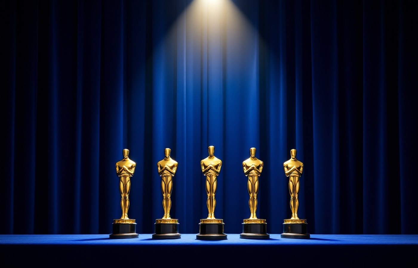 Golden statuettes under a spotlight before a navy curtain