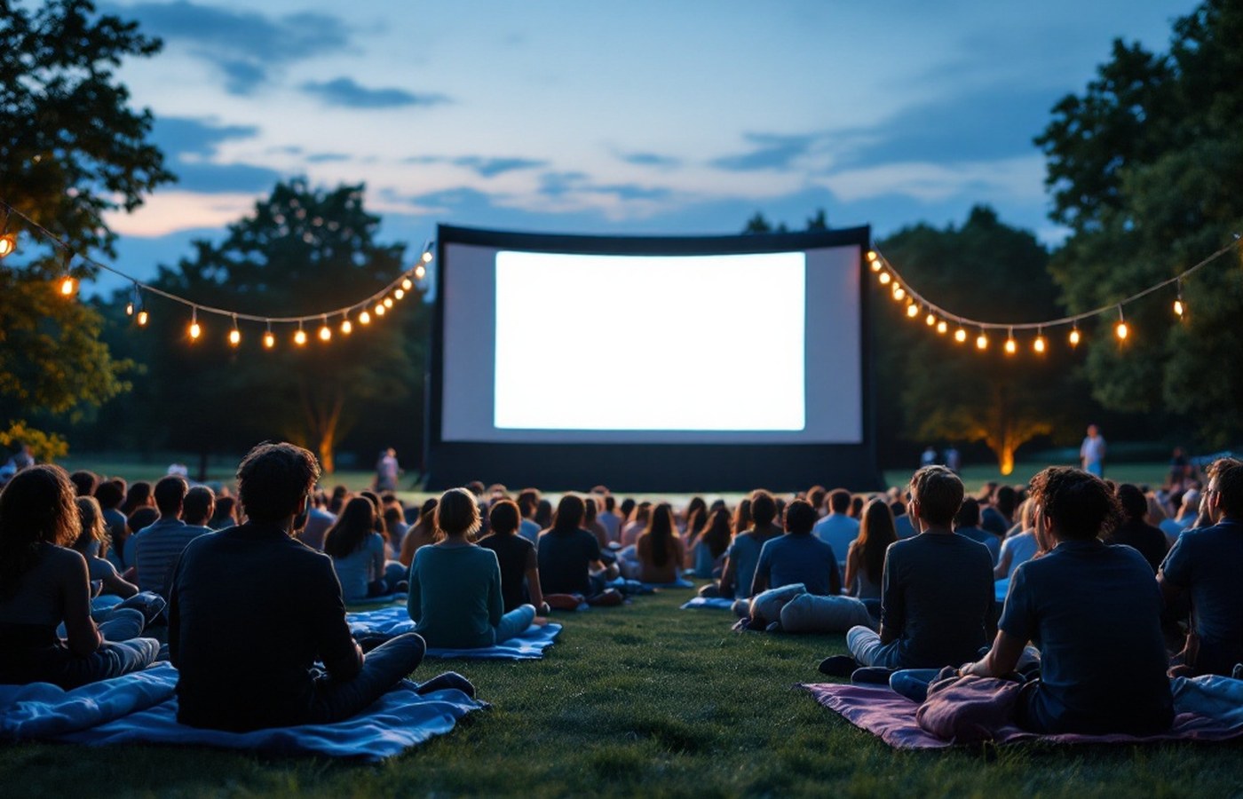 An outdoor film screening at dusk with an audience on blankets