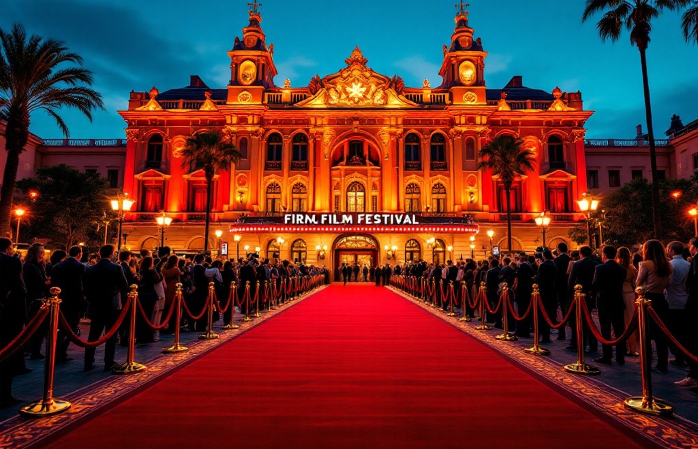 A festival red carpet leading into a grand palazzo at dusk
