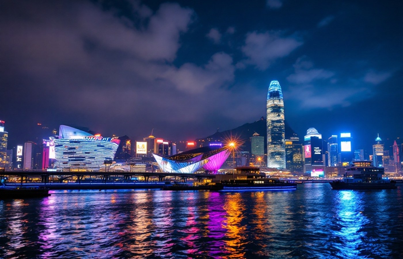 Hong Kong harbour skyline lit up at night