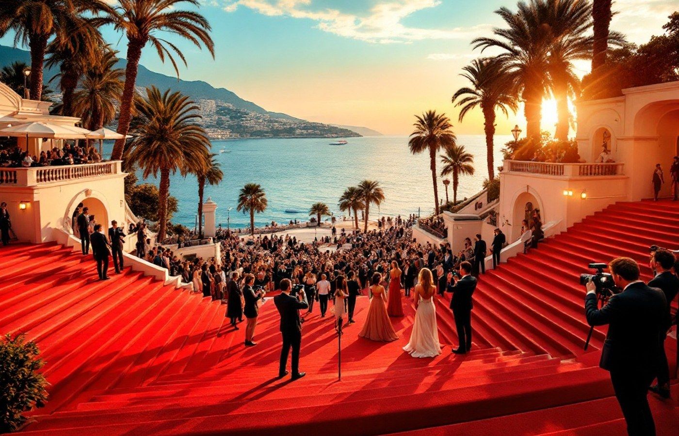 Red-carpeted steps by the Mediterranean at a film festival