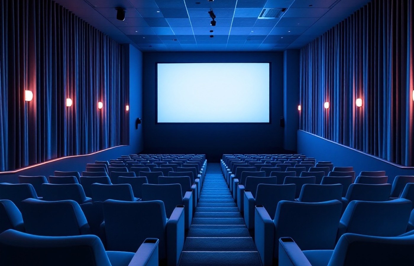An arthouse cinema auditorium glowing in cool blue light