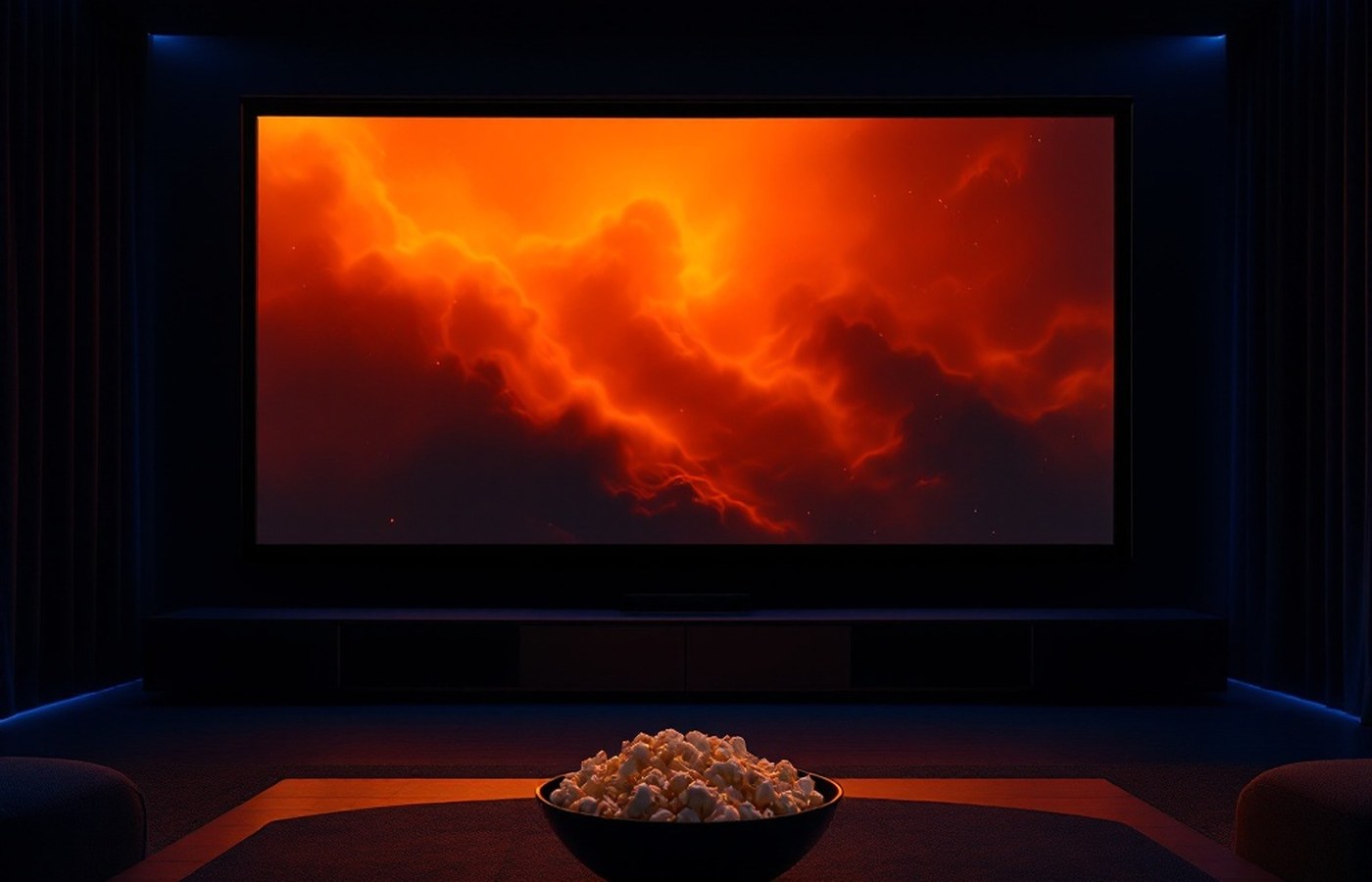 A paused trailer glowing in a dark home cinema