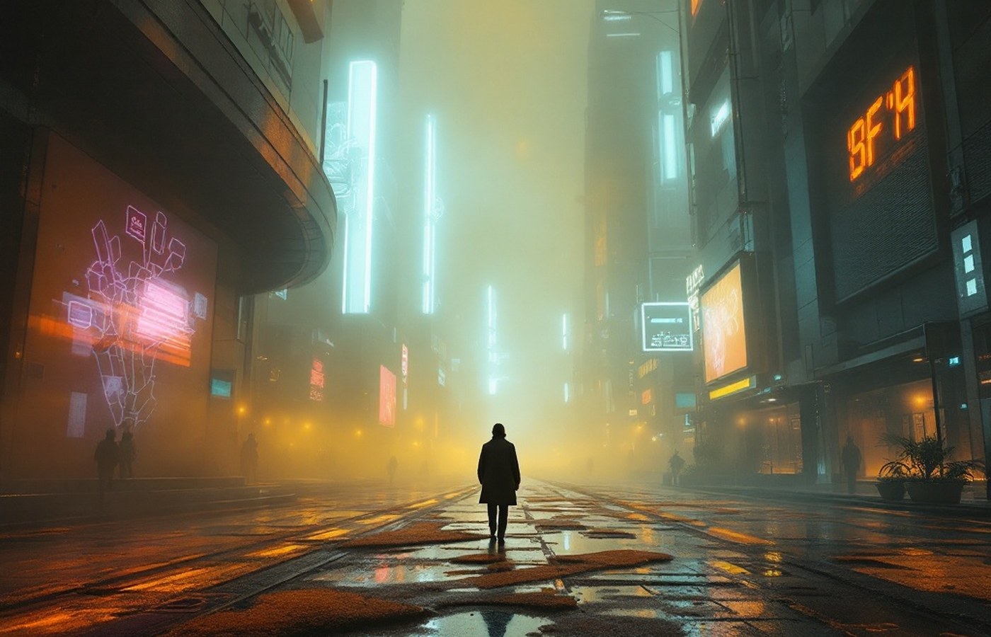 A lone figure walking through a foggy neon city