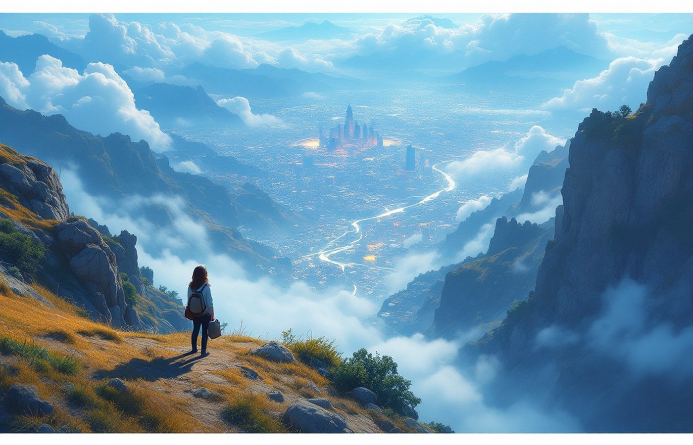 A painted anime landscape of a traveller overlooking a luminous city
